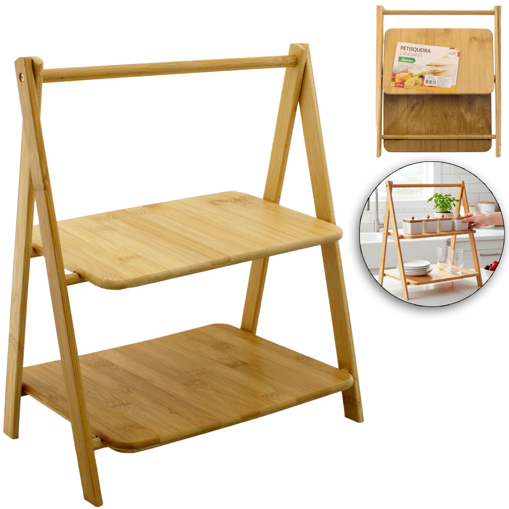 Petisqueira de Bambu Dobrável Com 2 Andares Com Alça e Pés Multiuso 37,5 X 32 X 22cm