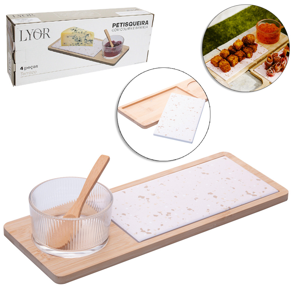 Conjunto Petisqueira de Vidro + Bandeja e Colher de Bambu e Tábua Terrazo 32x12x5,5cm