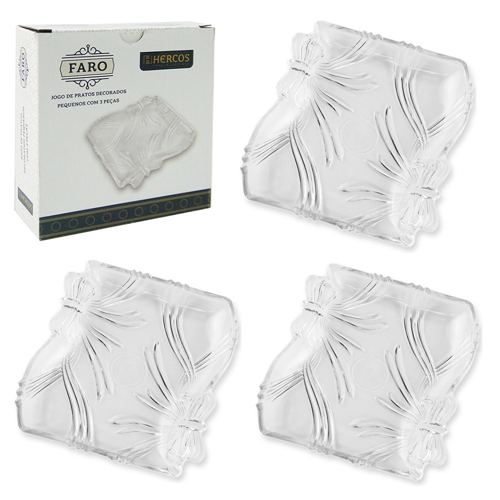 Petisqueira de Vidro Retangular Faro Hercos Com 3 Peças 14x13,5cm