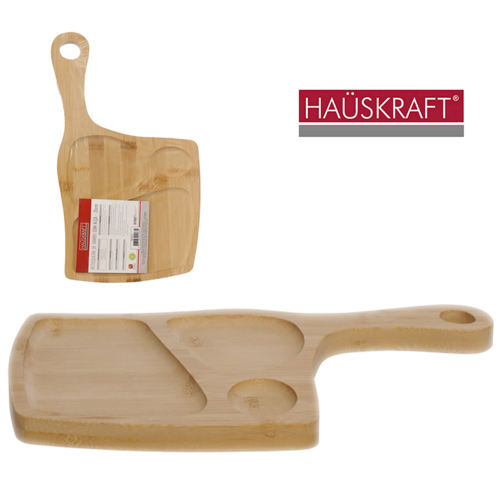 Petisqueira de Bambu Com 3 Divisórias + Pegador 35x21cm