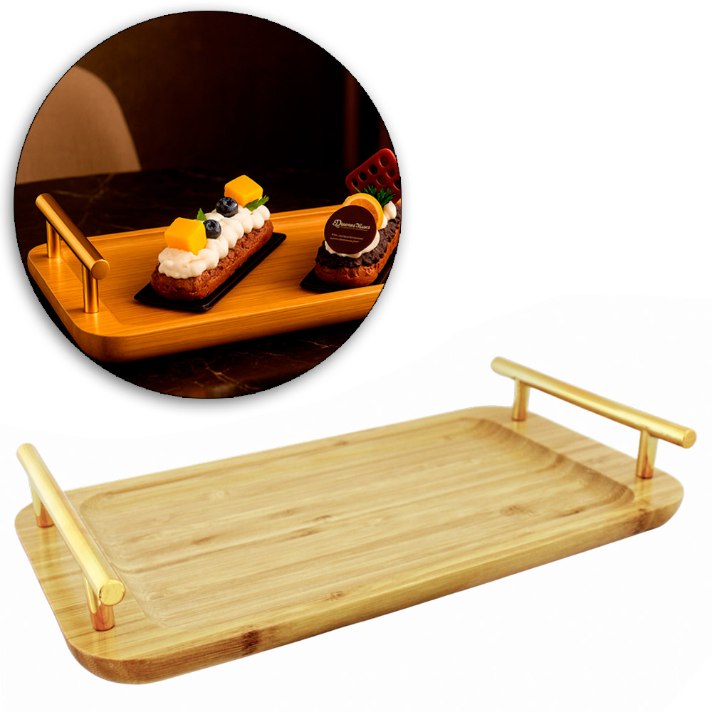 Bandeja Petisqueira de Bambu Retangular Com Alça de Plástico Dourado 31 X 15,7cm