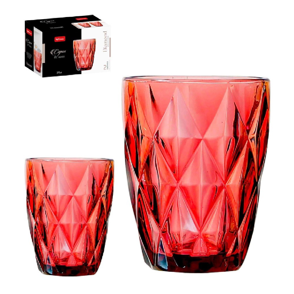 Jogo de Copo de Vidro Diamante Diamond Vermelho C/ 2 Pçs 270ml