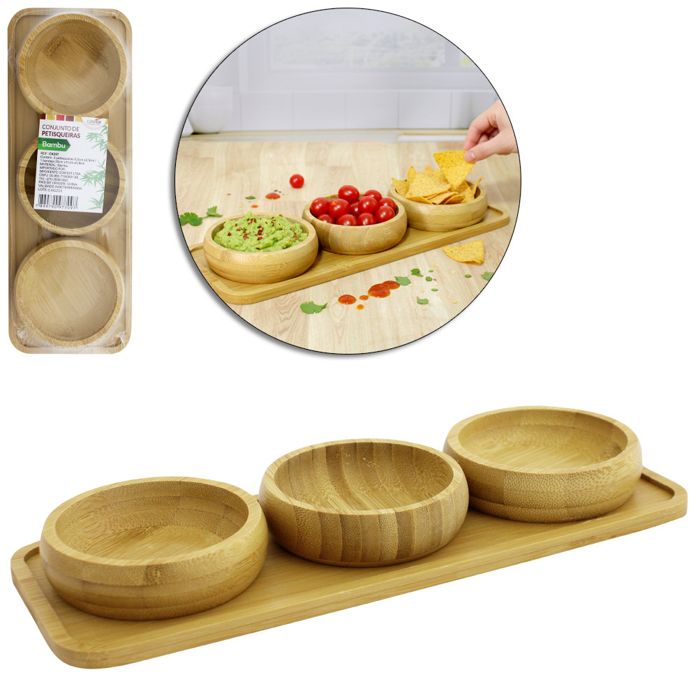 Conjunto Petisqueira de Bambu Com 3 Peças + Bandeja