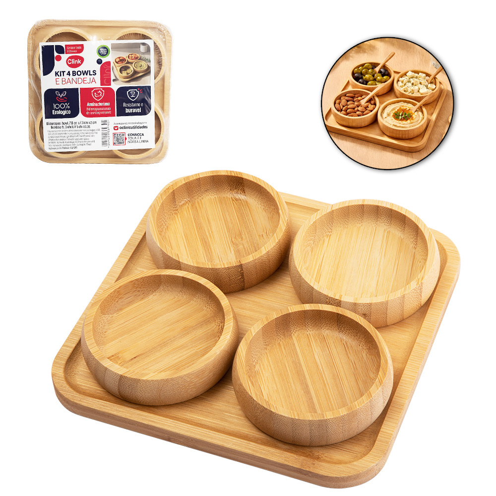 Conjunto de Petisqueira de Bambu Com 4 Peças + Bandeja