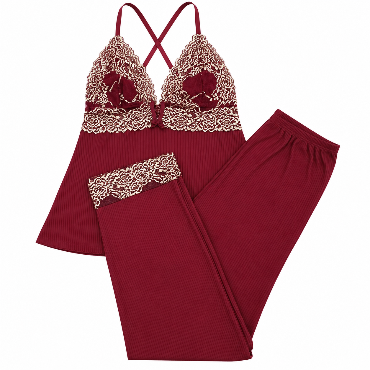 Pijama de Calça Canelado com Renda